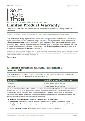 True Oak Limited Product Warranty